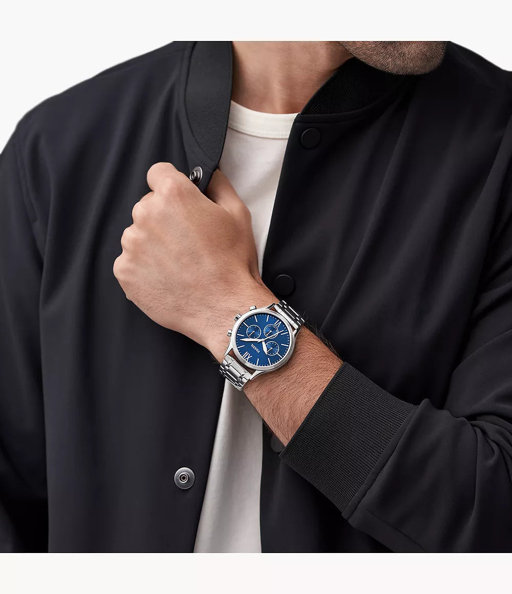 FOSSIL Fenmore Multifunción Acero Plateado Dial Azul